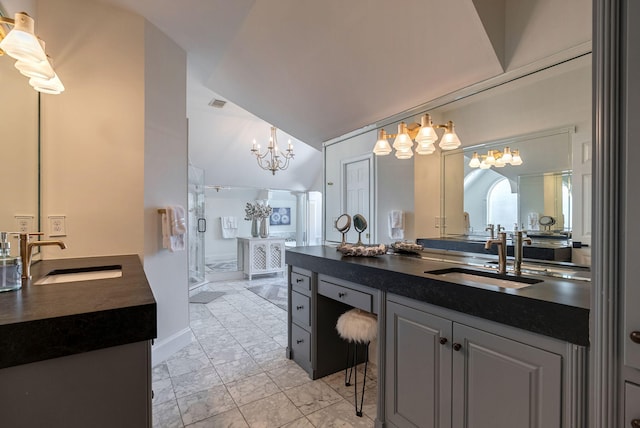 3489 Evans To Locks Rd, Martinez, GA 30907 - full bath featuring marble look tile flooring, a chandelier, vanity, a shower stall, and vaulted ceiling