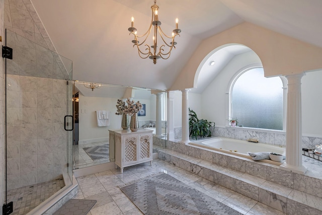 3489 Evans To Locks Rd, Martinez, GA 30907 - full bathroom with lofted ceiling, a garden tub, a shower stall, ornate columns, and vanity