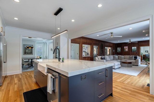 3489 Evans To Locks Rd, Martinez, GA 30907 - kitchen featuring ornamental molding, ceiling fan, light wood-style floors, stainless steel dishwasher, and decorative light fixtures