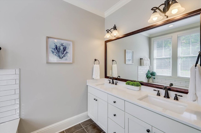 bathroom featuring tile patterned floors, vanity, ornamental molding, and backsplash