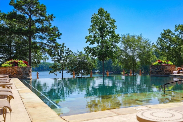 view of swimming pool with a water view