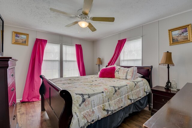 bedroom with ceiling fan, dark hardwood / wood-style flooring, a textured ceiling, and multiple windows