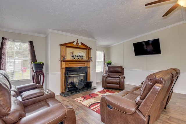 living room with hardwood / wood-style floors, crown molding, and a textured ceiling