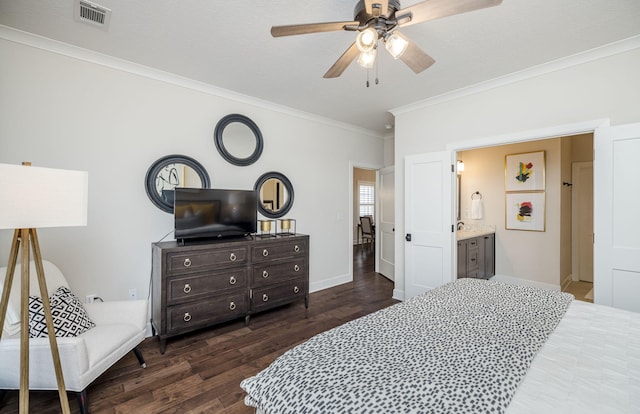 bedroom with ceiling fan, dark hardwood / wood-style flooring, ornamental molding, and ensuite bath