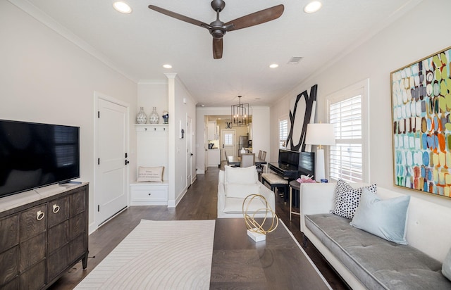 living room with ceiling fan with notable chandelier, dark hardwood / wood-style floors, and ornamental molding