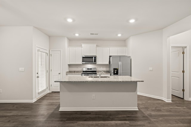 kitchen featuring sink, white cabinetry, light stone countertops, a kitchen island with sink, and appliances with stainless steel finishes