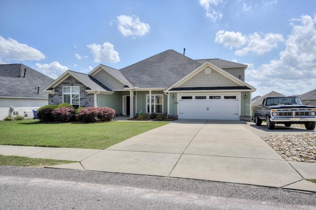 1391 Ackerman Dr, Graniteville, SC 29829 - craftsman house with board and batten siding, concrete driveway, a garage, a front yard, and stone siding