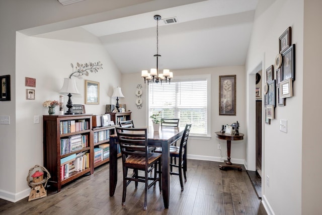 1391 Ackerman Dr, Graniteville, SC 29829 - dining area with a chandelier, lofted ceiling, baseboards, and dark wood-style flooring