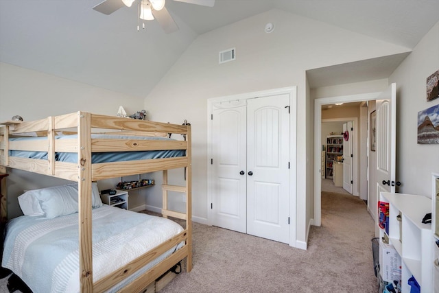 1391 Ackerman Dr, Graniteville, SC 29829 - bedroom with vaulted ceiling, light colored carpet, a closet, a ceiling fan, and baseboards