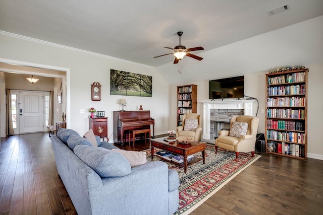 1391 Ackerman Dr, Graniteville, SC 29829 - living room with hardwood / wood-style floors, ceiling fan, a fireplace, baseboards, and crown molding