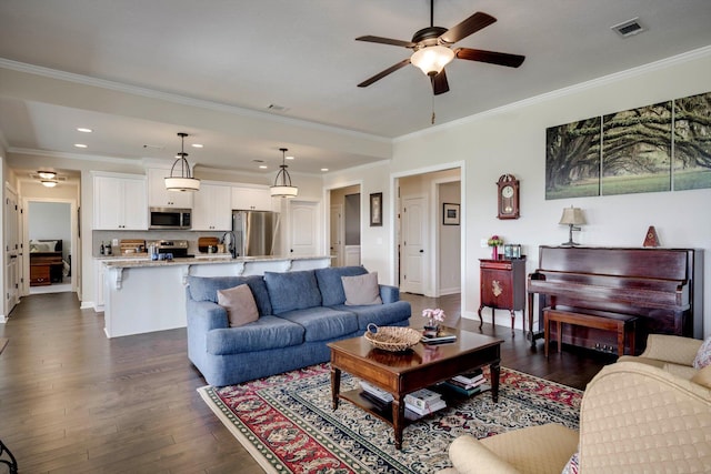 1391 Ackerman Dr, Graniteville, SC 29829 - living area with ceiling fan, dark wood-type flooring, recessed lighting, ornamental molding, and baseboards