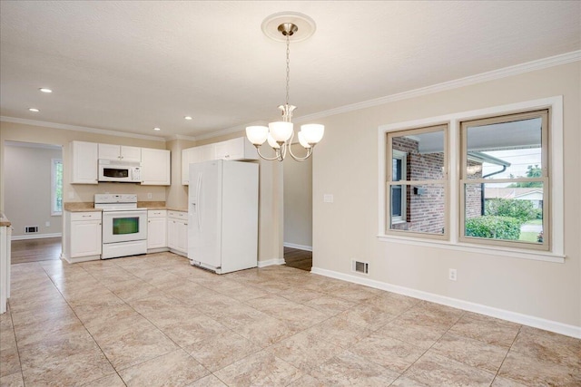 1702 Forest Creek Rd, Augusta, GA 30909 - kitchen featuring white appliances, a chandelier, white cabinets, light countertops, and ornamental molding