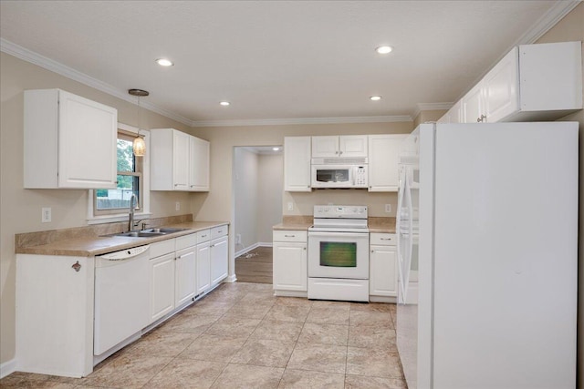 1702 Forest Creek Rd, Augusta, GA 30909 - kitchen featuring white appliances, crown molding, white cabinetry, light countertops, and recessed lighting