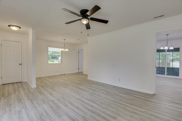 4102 Sapling Ln, Augusta, GA 30906 - unfurnished room with a chandelier, ceiling fan, light wood-type flooring, baseboards, and ornamental molding