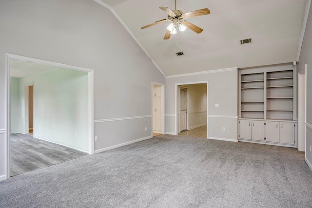4593 Ashbrook Ct, Martinez, GA 30907 - unfurnished living room with lofted ceiling, light colored carpet, ceiling fan, ornamental molding, and baseboards