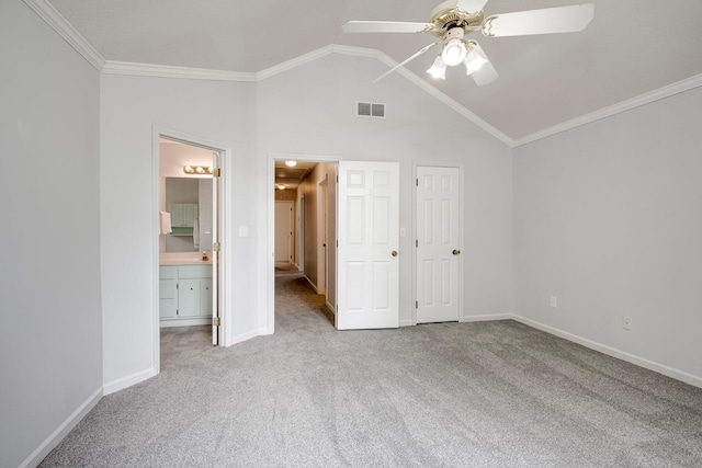 4593 Ashbrook Ct, Martinez, GA 30907 - unfurnished bedroom with vaulted ceiling, carpet flooring, crown molding, baseboards, and ensuite bathroom