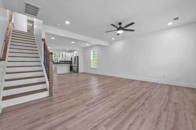 1116 Miller St, Augusta, GA 30901 - unfurnished living room featuring recessed lighting, a ceiling fan, light wood-type flooring, stairs, and baseboards