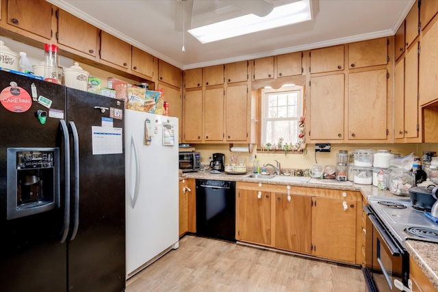 kitchen with light wood-type flooring, crown molding, black appliances, and sink