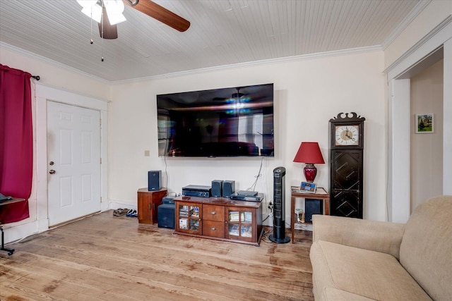 living room featuring ceiling fan, light hardwood / wood-style floors, crown molding, and wooden ceiling