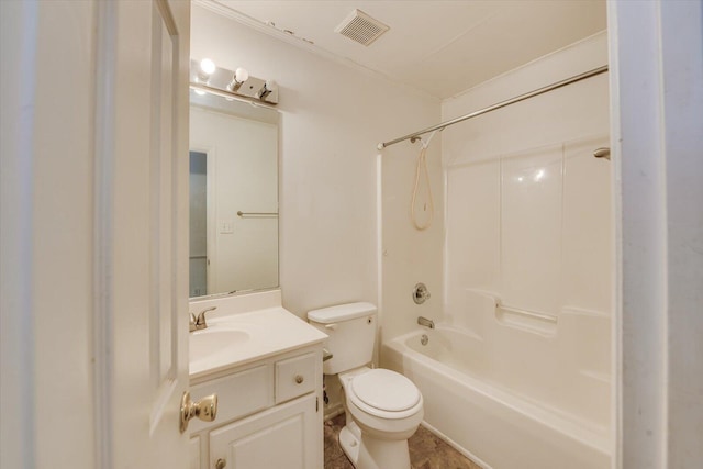 full bathroom with toilet, shower / bath combination, visible vents, and vanity