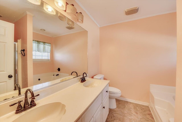 full bath featuring a garden tub, ornamental molding, and a sink