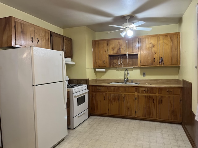 3323 Young Forest Dr, Augusta, GA 30906 - kitchen featuring white appliances, under cabinet range hood, light flooring, ceiling fan, and open shelves