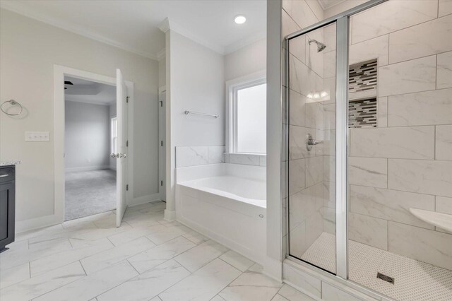 bathroom featuring vanity, crown molding, and independent shower and bath