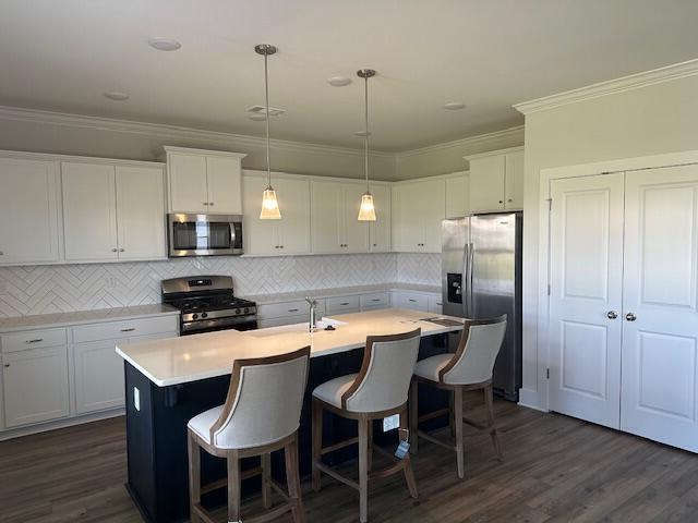 kitchen with pendant lighting, white cabinetry, stainless steel appliances, and an island with sink