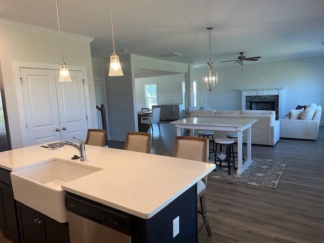 kitchen featuring dishwasher, pendant lighting, dark hardwood / wood-style flooring, and a center island with sink