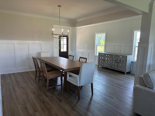 dining room featuring dark wood-type flooring, a notable chandelier, and ornamental molding