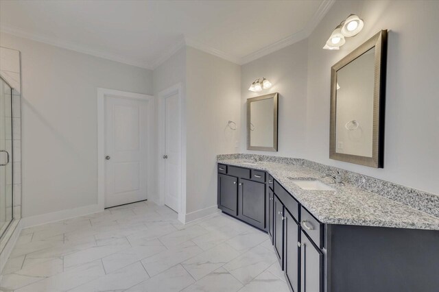 bathroom with vanity, an enclosed shower, and ornamental molding