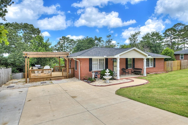 141 Whaley St, Warrenville, SC 29851 - single story home with brick siding, a pergola, a deck, a shingled roof, and a patio area