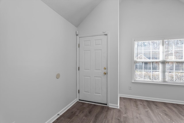 entrance foyer with lofted ceiling, baseboards, and wood finished floors