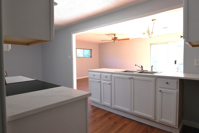 kitchen featuring sink, hanging light fixtures, white cabinets, ceiling fan with notable chandelier, and hardwood / wood-style flooring