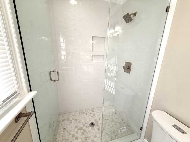 bathroom featuring toilet and a stall shower