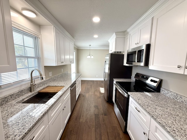 kitchen featuring white cabinetry, dark wood-style flooring, appliances with stainless steel finishes, and a sink