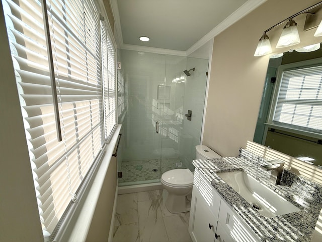 full bath featuring toilet, a wealth of natural light, ornamental molding, and marble finish floor