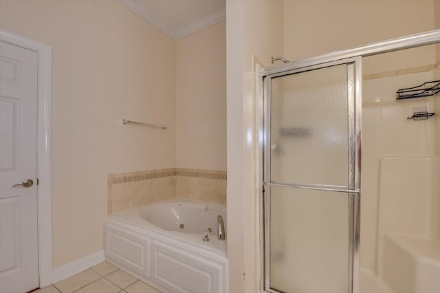 bathroom with tile patterned floors, independent shower and bath, and ornamental molding