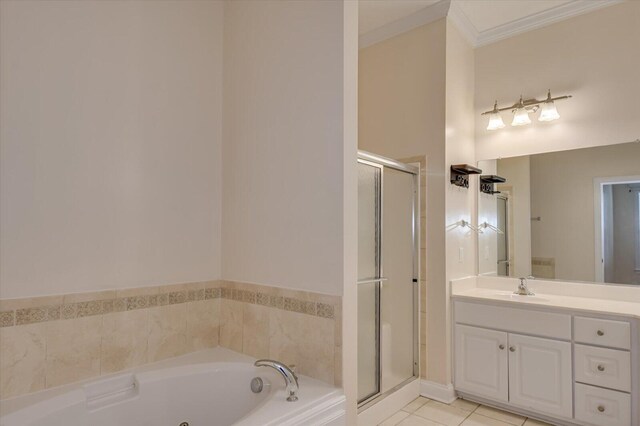 bathroom featuring tile patterned floors, vanity, ornamental molding, and plus walk in shower