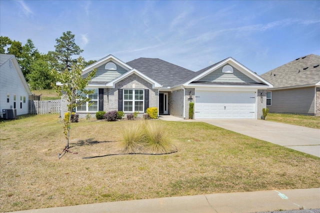 single story home featuring driveway, central AC unit, brick siding, fence, and an attached garage