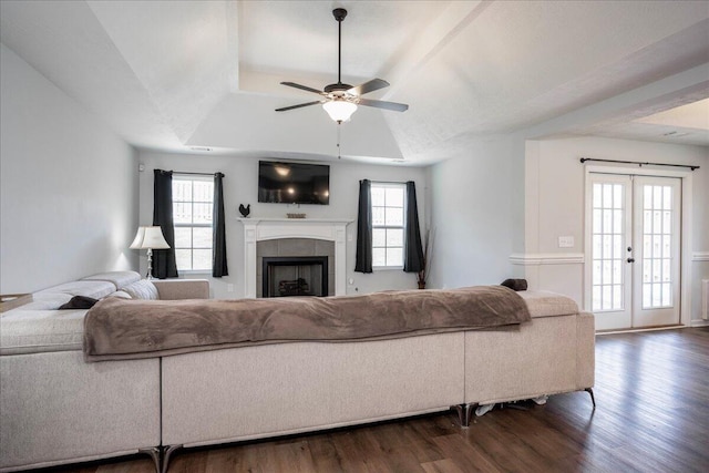 living area with dark wood-style floors, a raised ceiling, and plenty of natural light