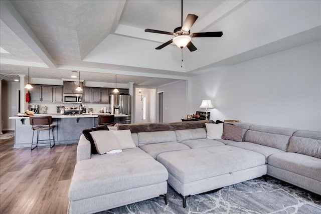 living area with a ceiling fan, a raised ceiling, and light wood finished floors