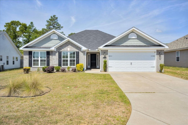 single story home featuring an attached garage, central AC, a front lawn, brick siding, and driveway
