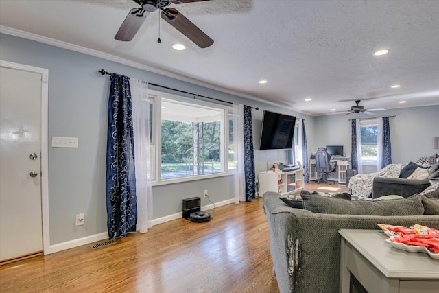 living room with a textured ceiling, light wood-type flooring, ceiling fan, and crown molding