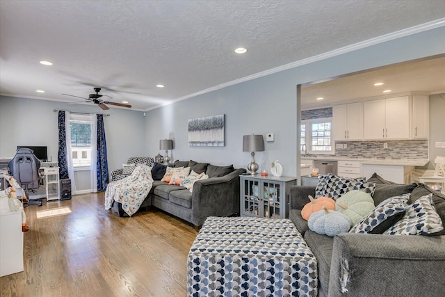 living room featuring a textured ceiling, light hardwood / wood-style floors, ceiling fan, and crown molding