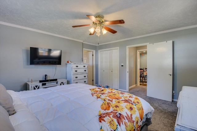 bedroom featuring carpet flooring, a closet, ceiling fan, and ornamental molding