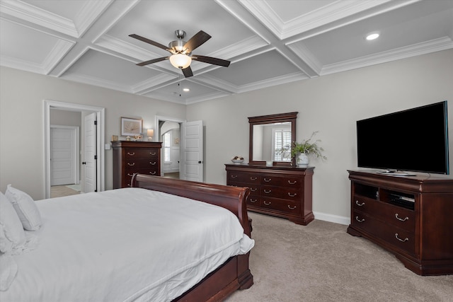 3108 Wildflower Ct, Evans, GA 30809 - bedroom featuring coffered ceiling, light carpet, beamed ceiling, crown molding, and recessed lighting