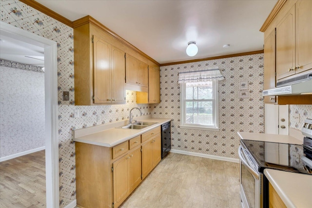 kitchen with black dishwasher, electric stove, a sink, and wallpapered walls