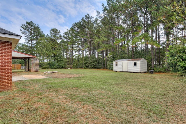 view of yard with a storage shed