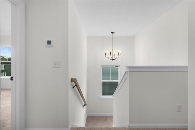 staircase with carpet flooring and a notable chandelier